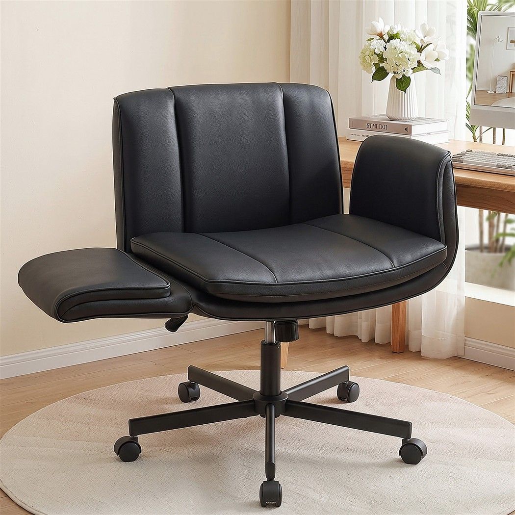 Artiss Cross Legged Office Chair Wide Seat PU Leather Swivel Black