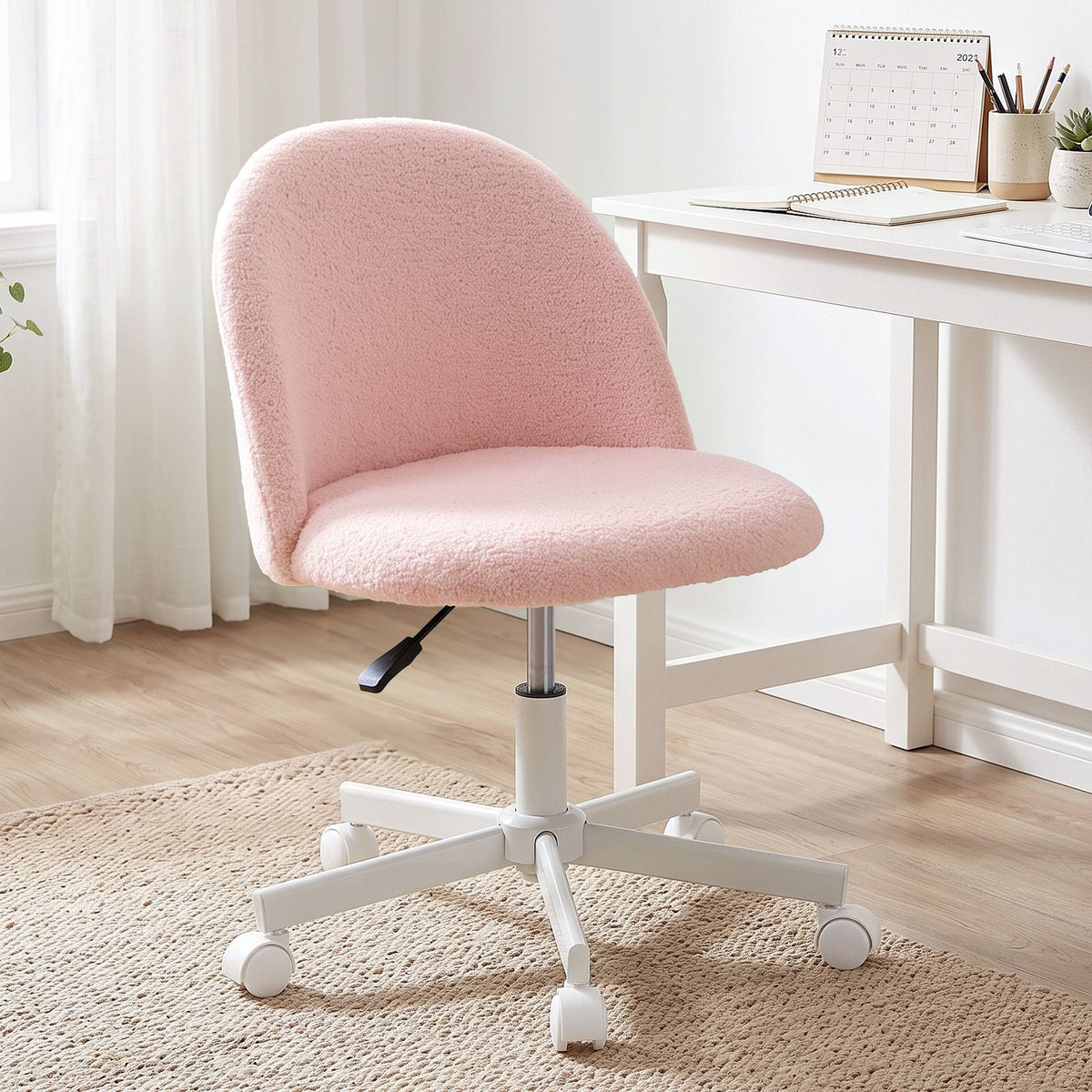 Artiss Armless Swivel Vanity Desk Chair Pink Teddy Fleece