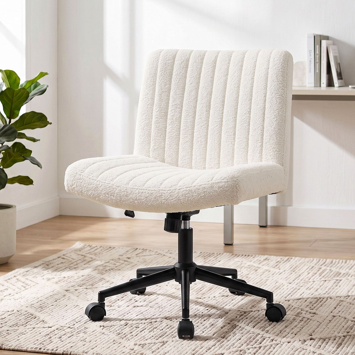 Artiss Armless Cross Legged Office Chair Wide Seat Vanity Chair Teddy Fleece Beige