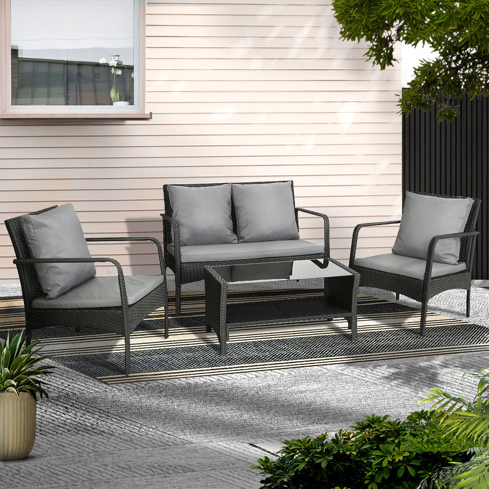 Gardeon 4-Piece Outdoor Sofa Set Wicker Black Dark Grey Cushions