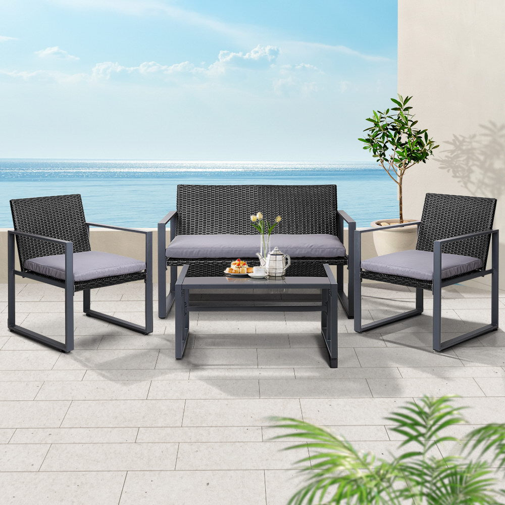 Gardeon 4 Piece Outdoor Sofa Set Rattan Glass Top Table Black