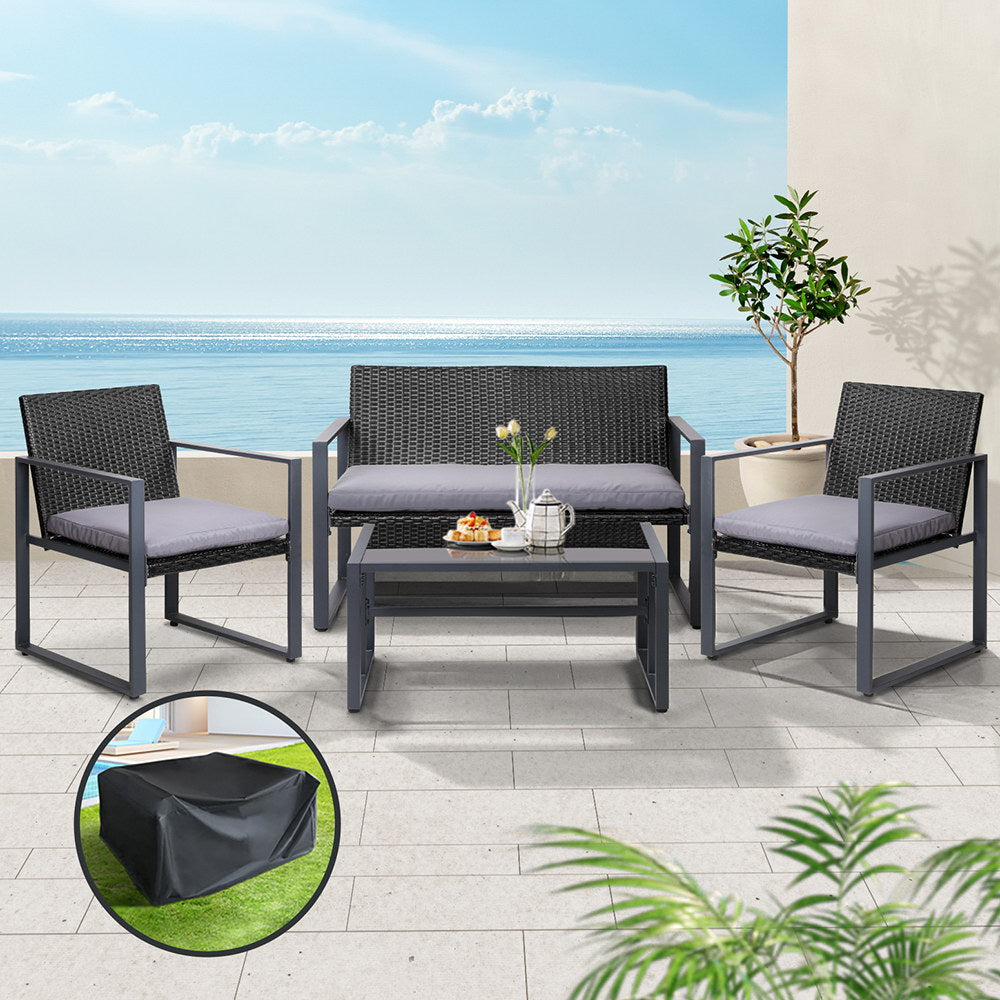 Gardeon 4 Piece Outdoor Rattan Sofa Set with Storage Cover Black