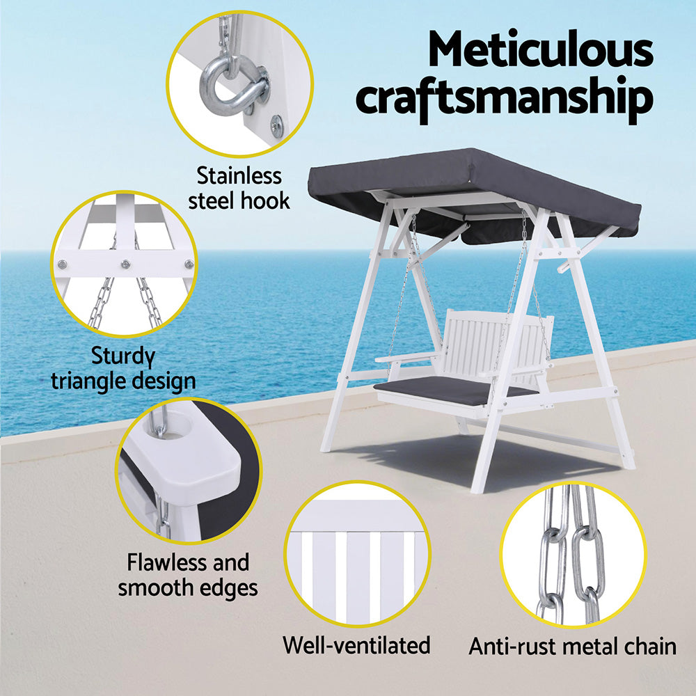 Gardeon 3-Seater Outdoor Wooden Swing Chair White Canopy Cushion