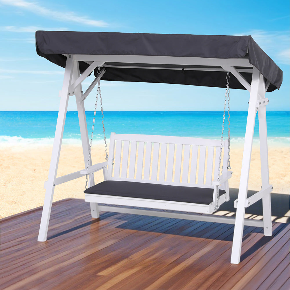 Gardeon 3-Seater Outdoor Wooden Swing Chair White Canopy Cushion