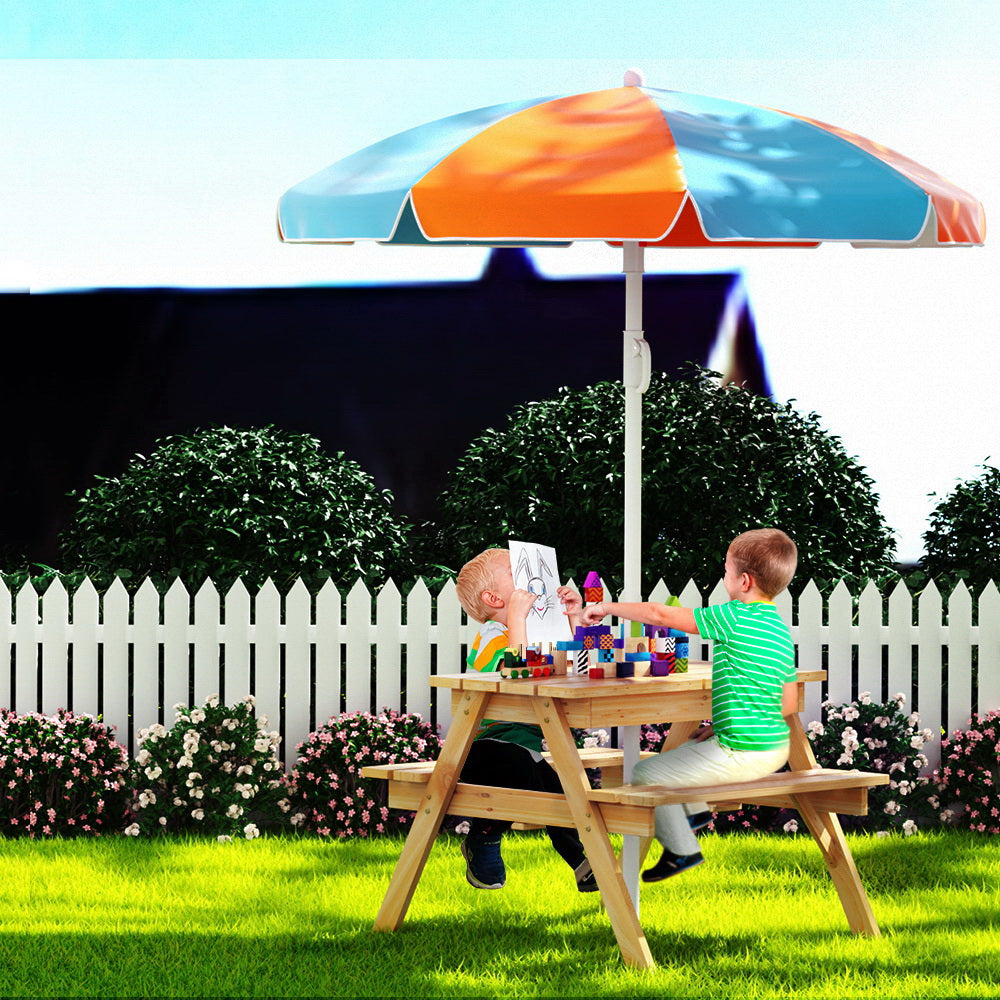 Keezi Kids Picnic Table Bench Set with Umbrella and Storage Boxes