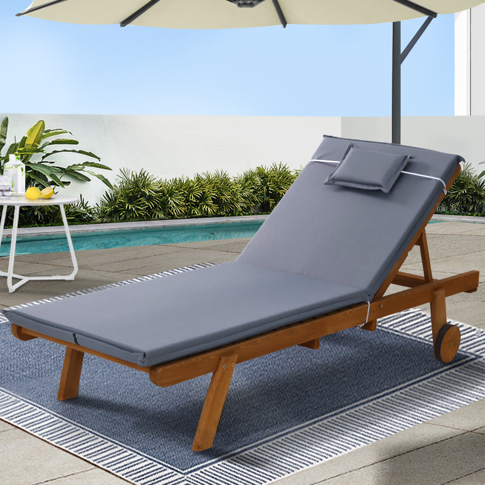 Gardeon Wooden Sun Lounger Outdoor Day Bed with Wheels Grey