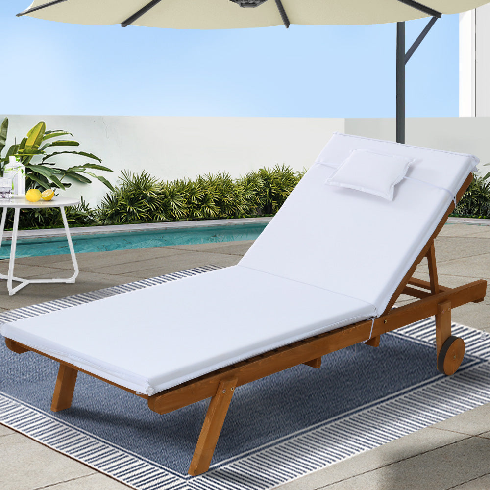 Gardeon Wooden Sun Lounger Outdoor Day Bed Wheels White