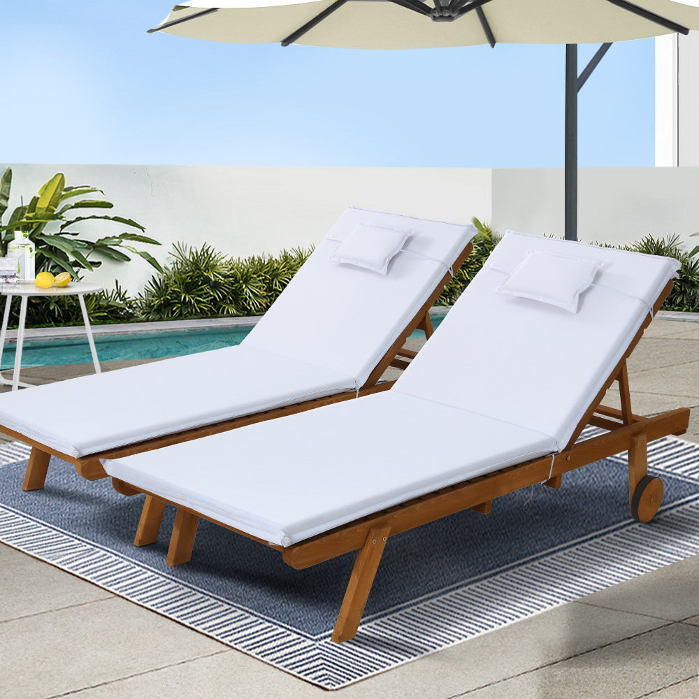 Gardeon Outdoor Wooden Sun Lounger Day Bed with Wheels White
