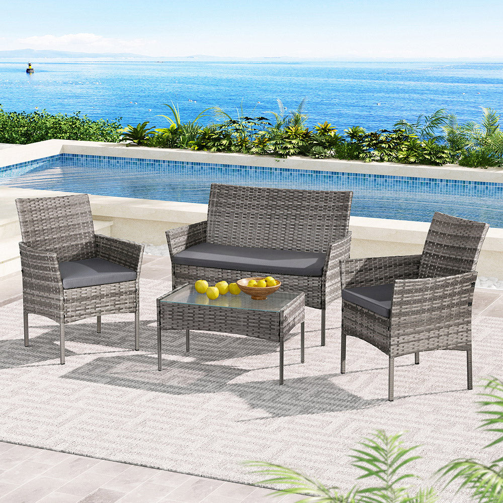 Gardeon 4-Seater Wicker Outdoor Sofa Set Grey