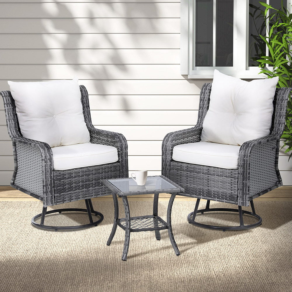 Gardeon 3-Piece Outdoor Swivel Bistro Set Wicker Chairs Table Grey