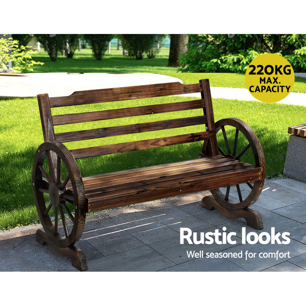Gardeon Wagon Wheels Wooden Garden Bench 2-Seater Rustic Brown