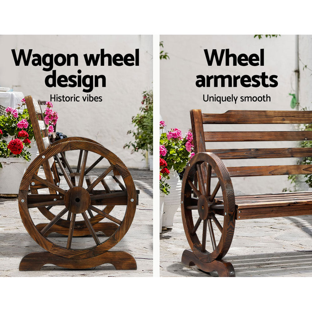 Gardeon Wagon Wheels Wooden Garden Bench 2-Seater Rustic Brown