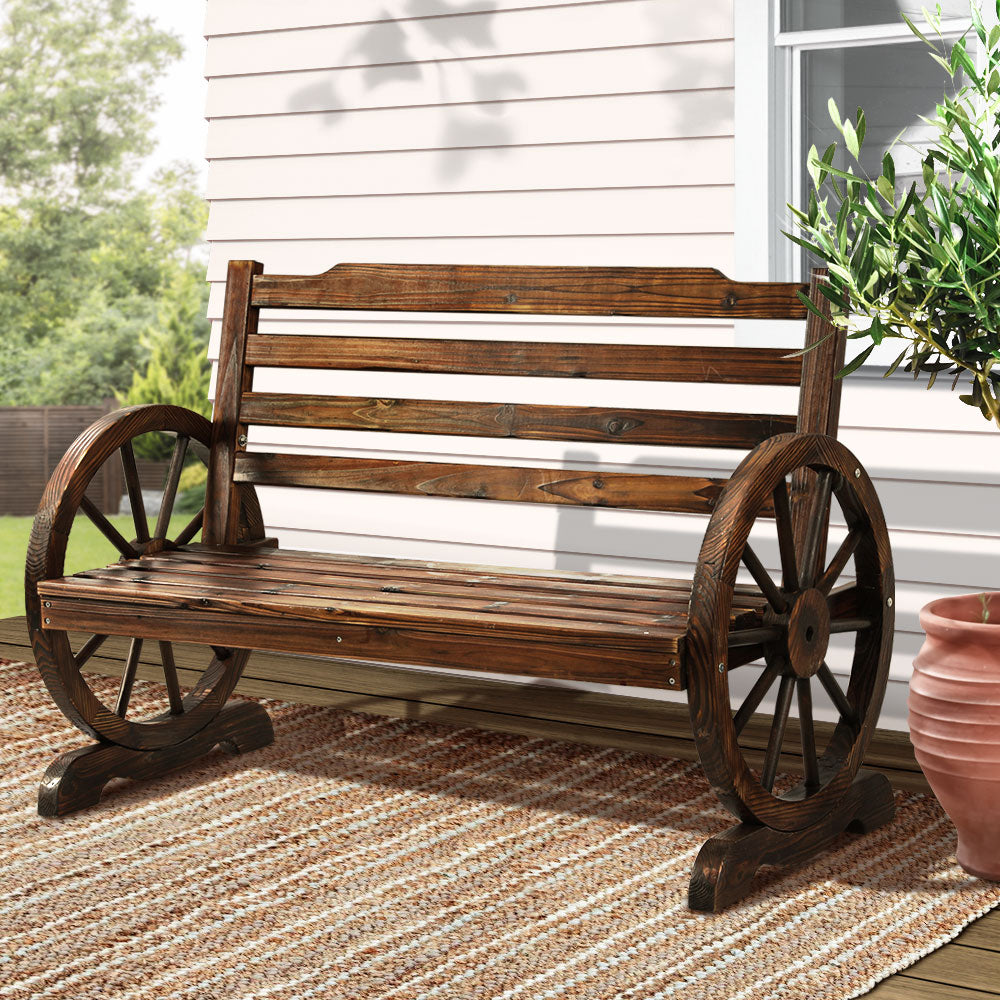 Gardeon Wagon Wheels Wooden Garden Bench 2-Seater Rustic Brown