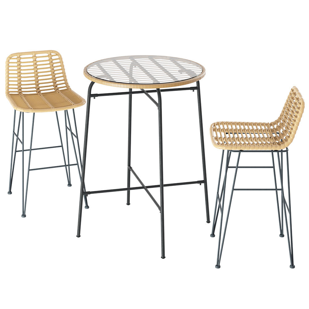 Gardeon 3-Piece Outdoor Bar Set Wicker Table Chairs Brown/Black
