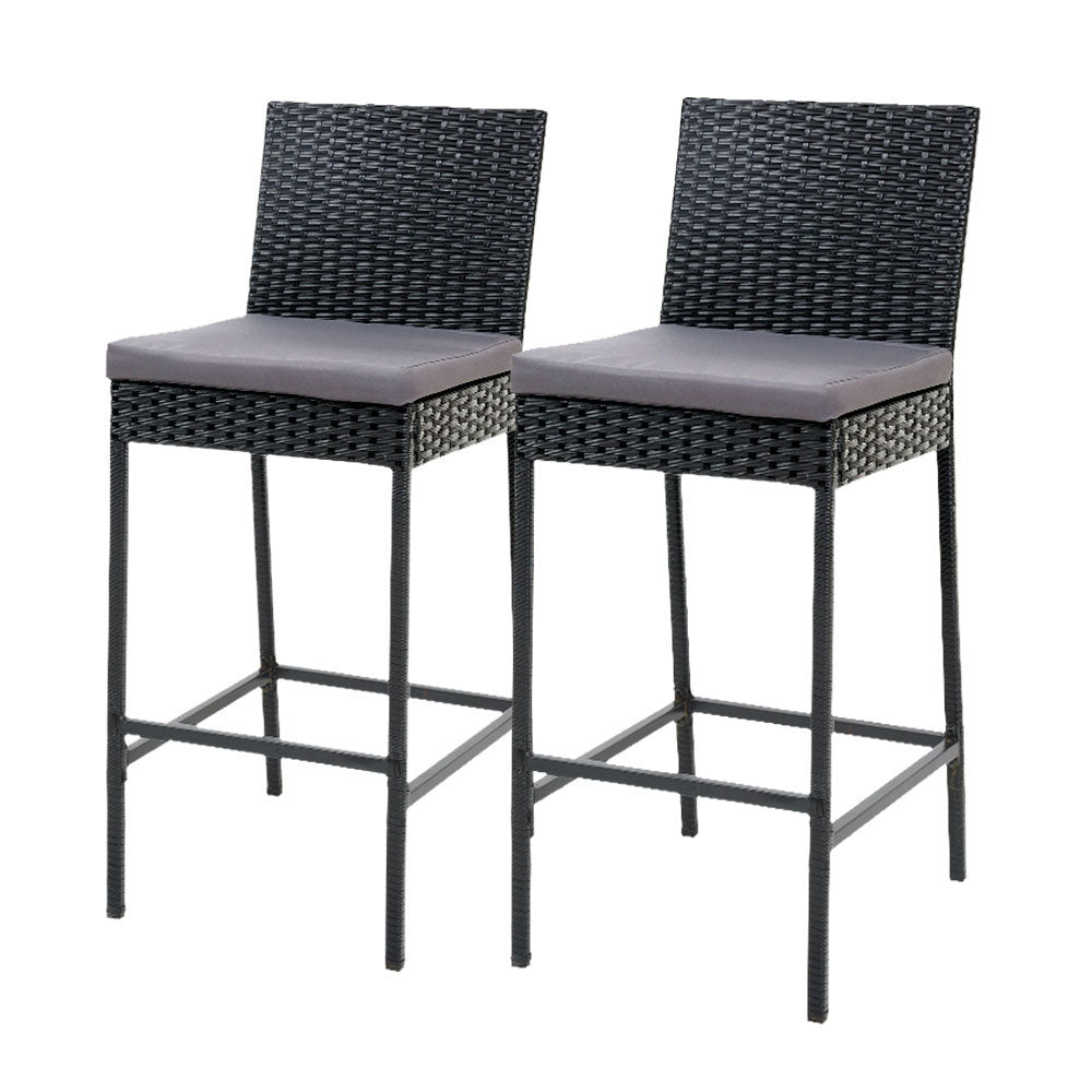Gardeon 2-Piece Outdoor Bar Stools Rattan Black Grey Cushions