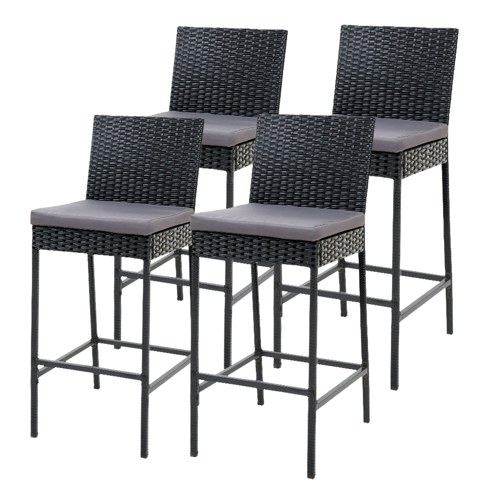 Gardeon 4-Piece Outdoor Bar Stools Rattan Black Grey Cushions