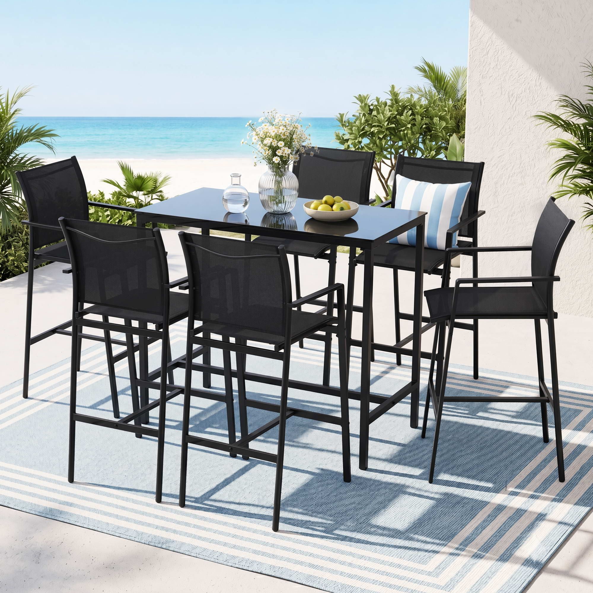 Gardeon 7 Piece Outdoor Bar Set Steel Bistro Table Stools Black