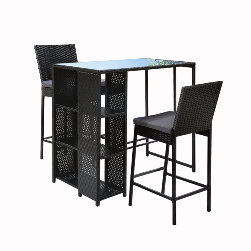 Gardeon 3-Piece Outdoor Bar Set Wicker Table Stools Black Grey