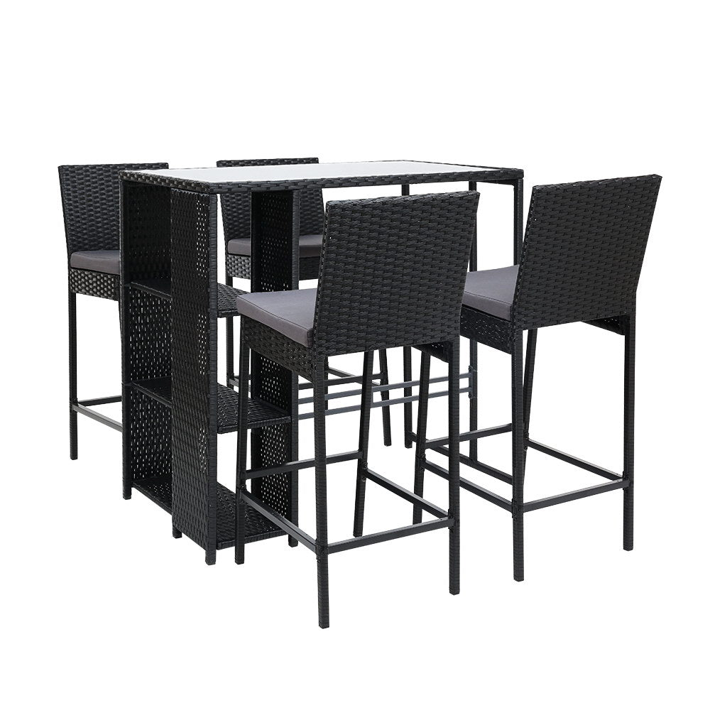 Gardeon 5-Piece Outdoor Bar Set Wicker Table Stools Grey Cushions