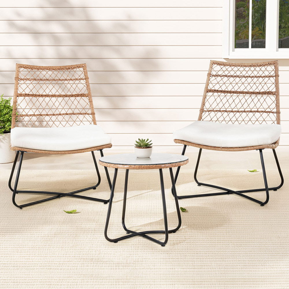 Gardeon 3PC Outdoor Bistro Set Wicker Table and Chairs Brown