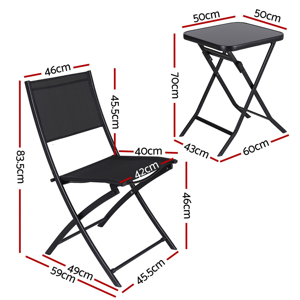 Gardeon 3-Piece Outdoor Bistro Set Folding Table Chairs Steel Black