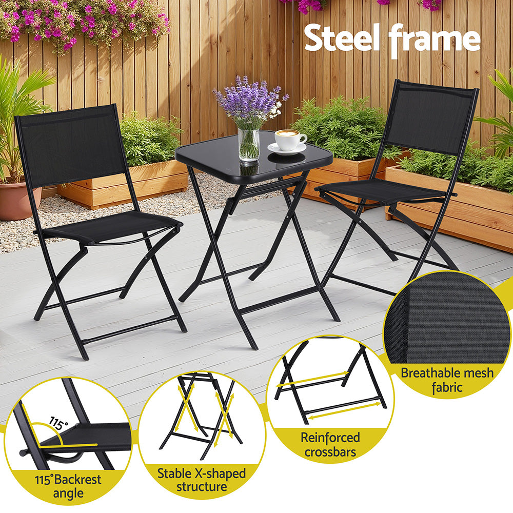 Gardeon 3-Piece Outdoor Bistro Set Folding Table Chairs Steel Black