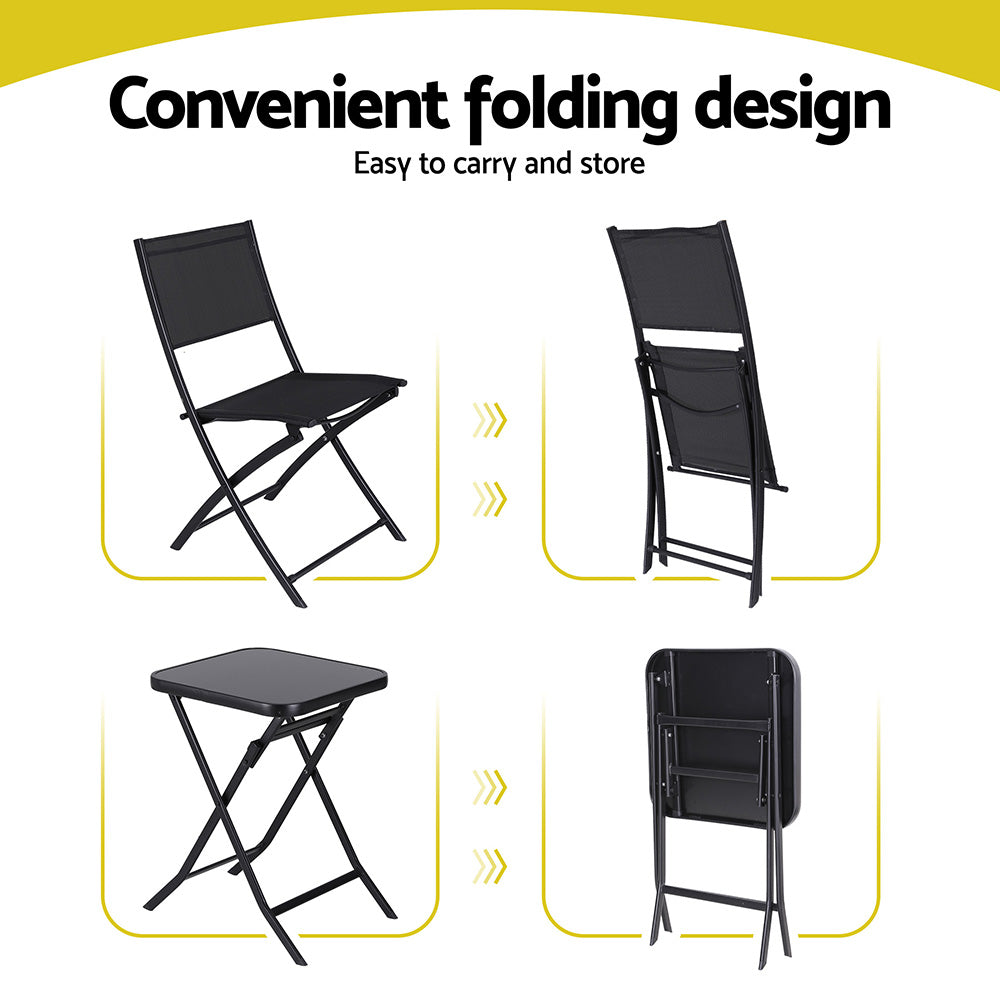 Gardeon 3-Piece Outdoor Bistro Set Folding Table Chairs Steel Black