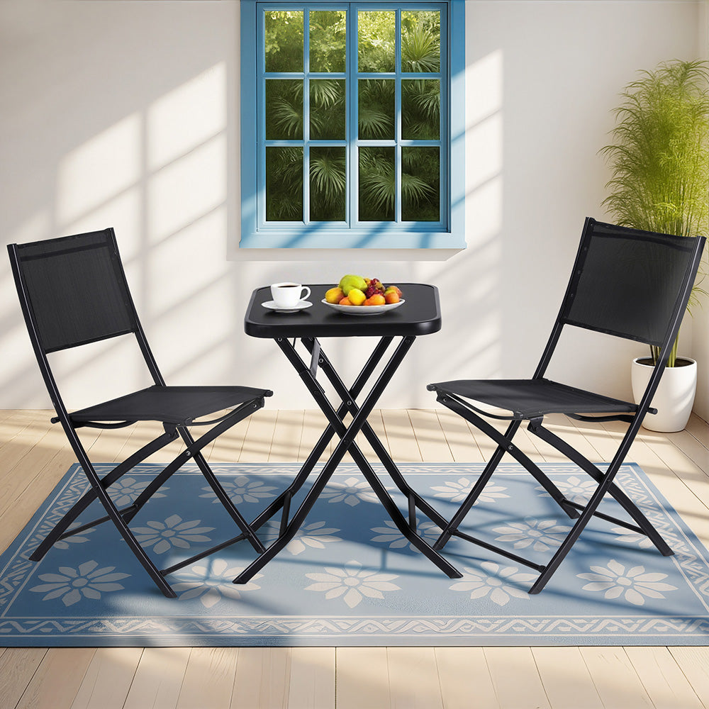 Gardeon 3-Piece Outdoor Bistro Set Folding Table Chairs Steel Black