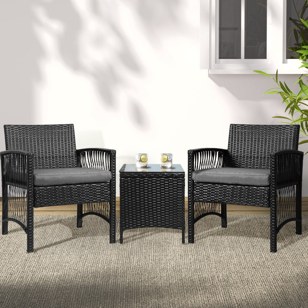 Gardeon 3PC Outdoor Bistro Set Wicker Dining Chairs Table Black