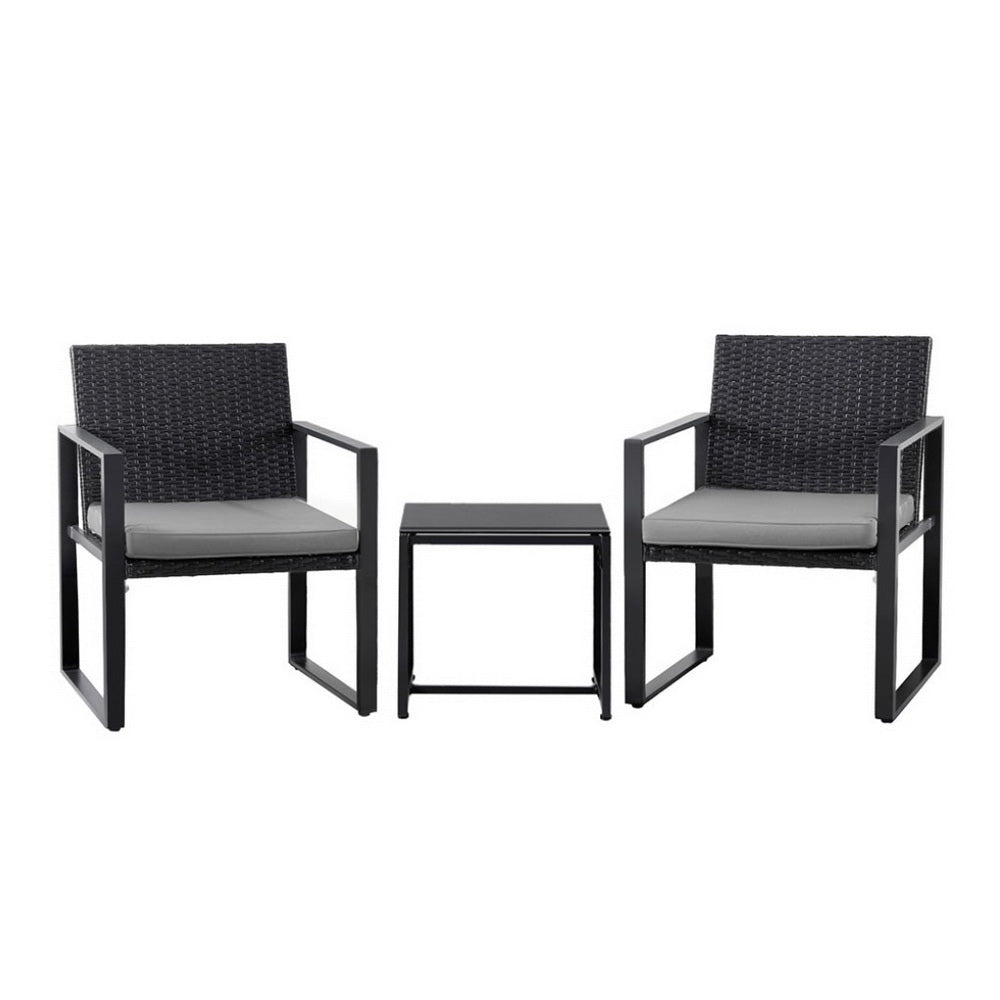 Gardeon 3PC Outdoor Bistro Set Wicker Dining Chairs Table Black