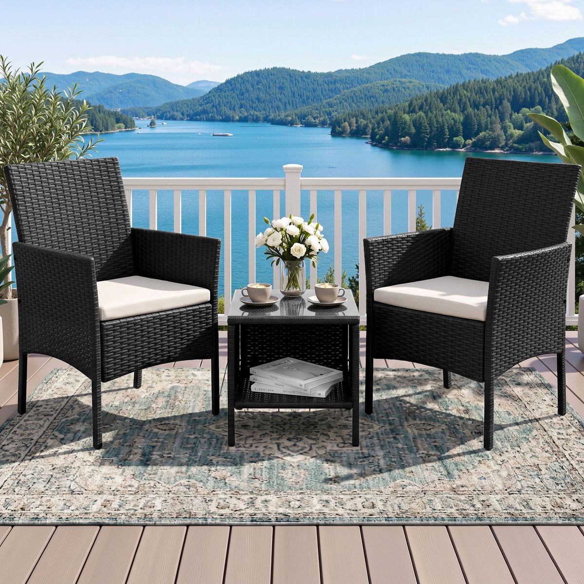 Gardeon 3PC Outdoor Bistro Set Wicker Chairs Table Cushion Black