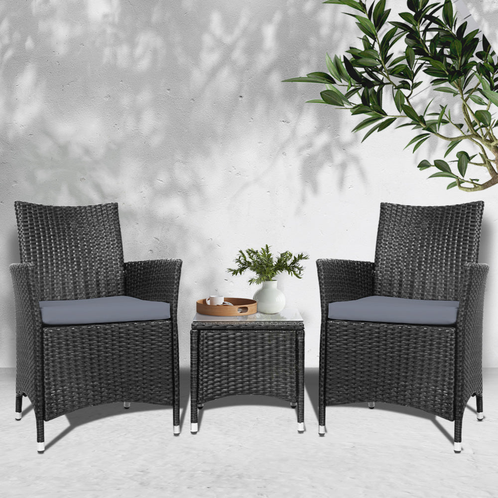 Gardeon 3PC Outdoor Bistro Set Wicker Chairs Table Black