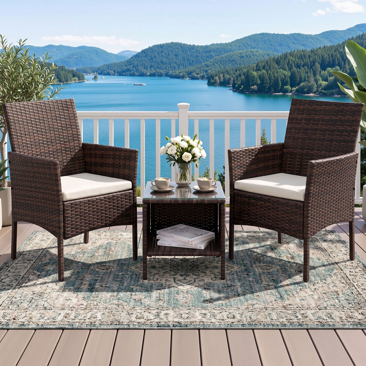 Gardeon 3PC Outdoor Wicker Bistro Set Chairs and Table Brown
