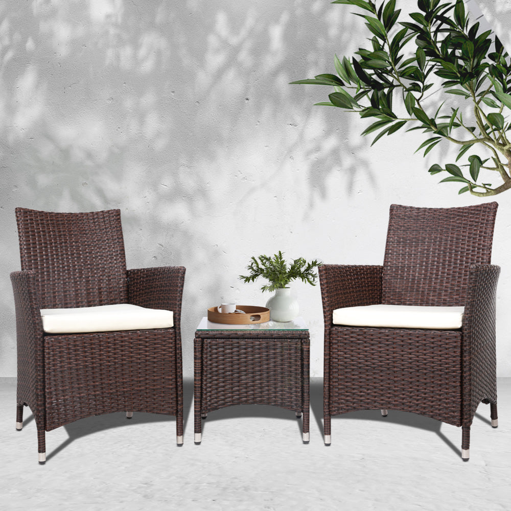 Gardeon 3PC Outdoor Wicker Bistro Set Brown Cushioned Chairs Table