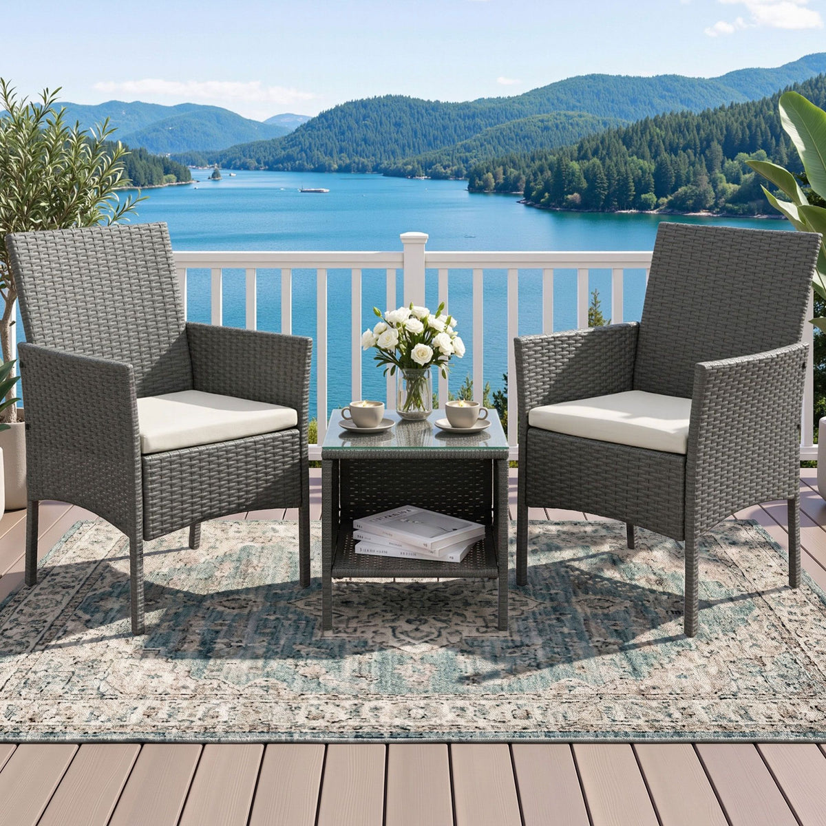 Gardeon 3PC Outdoor Wicker Bistro Set with Cushions Grey