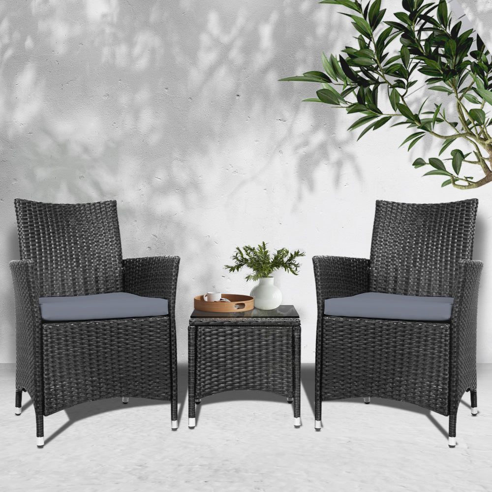 Gardeon 3PC Outdoor Bistro Set Wicker Chairs Table Black