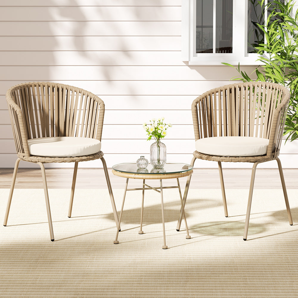 Gardeon 3 Piece Outdoor Bistro Set Rope Chairs Table Beige