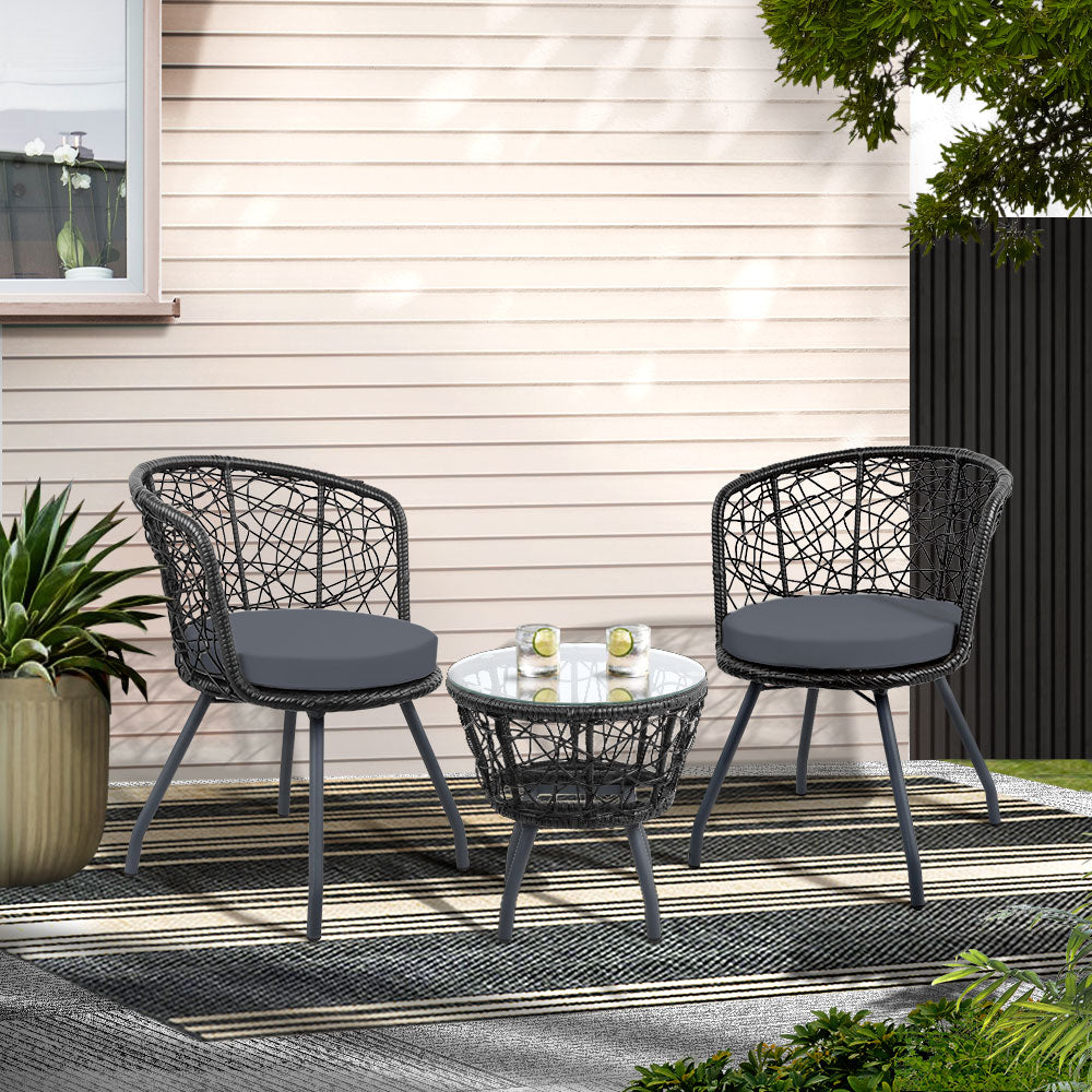 Gardeon 3-Piece Outdoor Rattan Bistro Set Table and Chairs Black