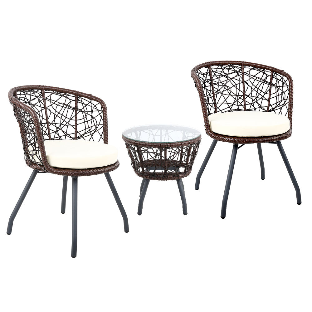 Gardeon 3PC Outdoor Bistro Set Rattan Table Chairs Brown