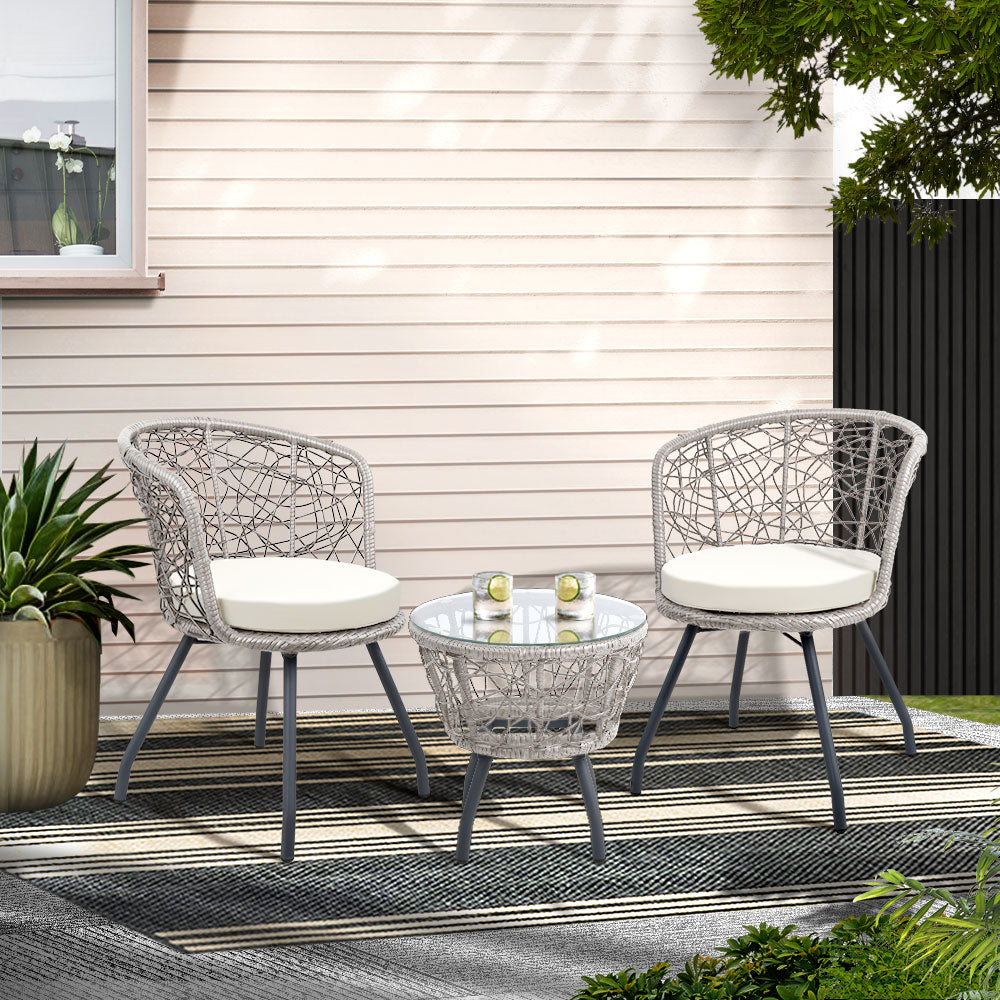 Gardeon 3PC Outdoor Bistro Set Rattan Table Chairs Grey
