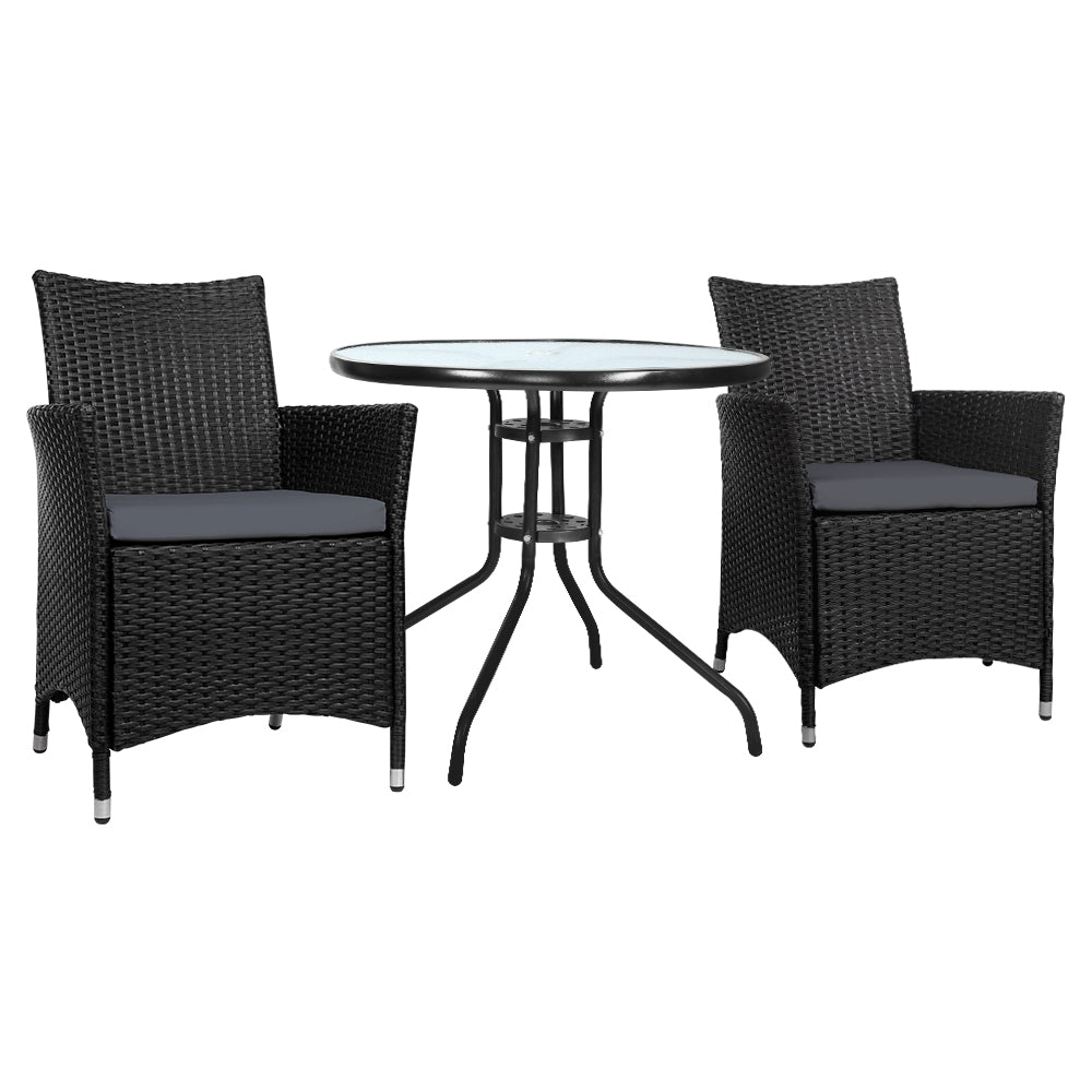 Idris 3PC Outdoor Bistro Set Rattan Table Chairs Black/Grey