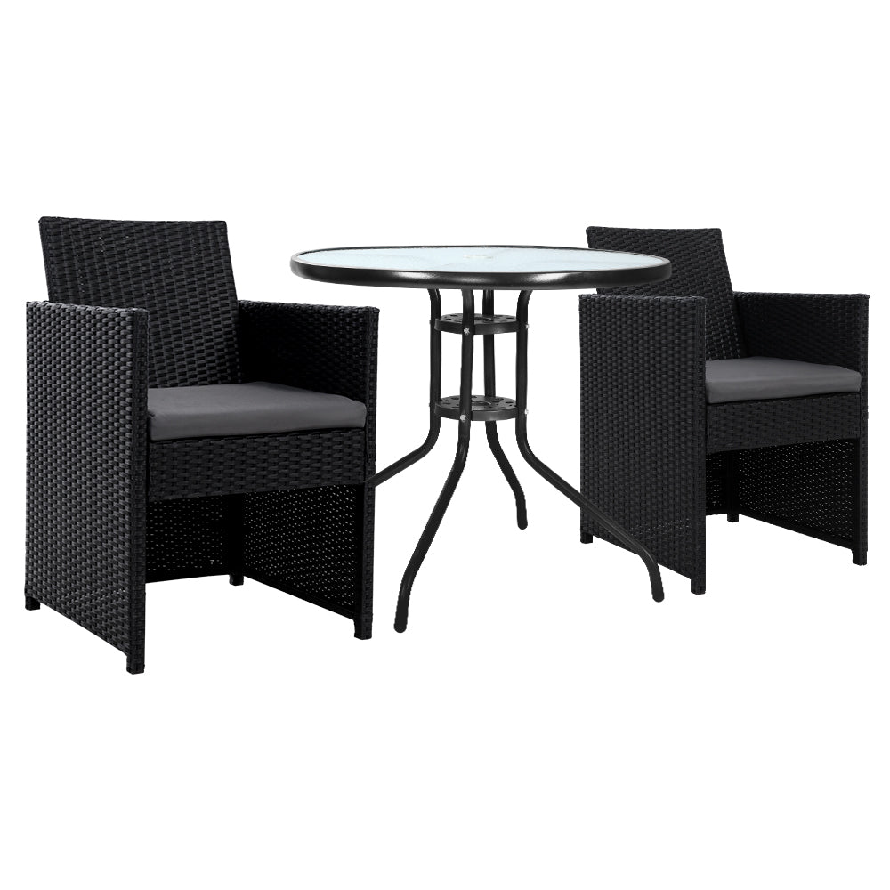 Hugo 3PC Outdoor Bistro Set Glass Table Wicker Chairs Patio Furniture