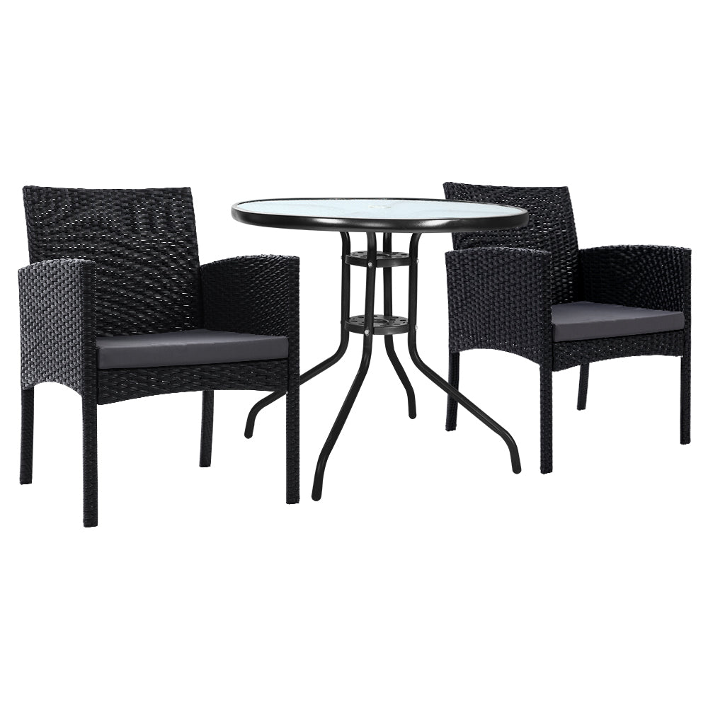 Ezra 3 Piece Outdoor Bistro Set with Glass Table and Wicker Chairs