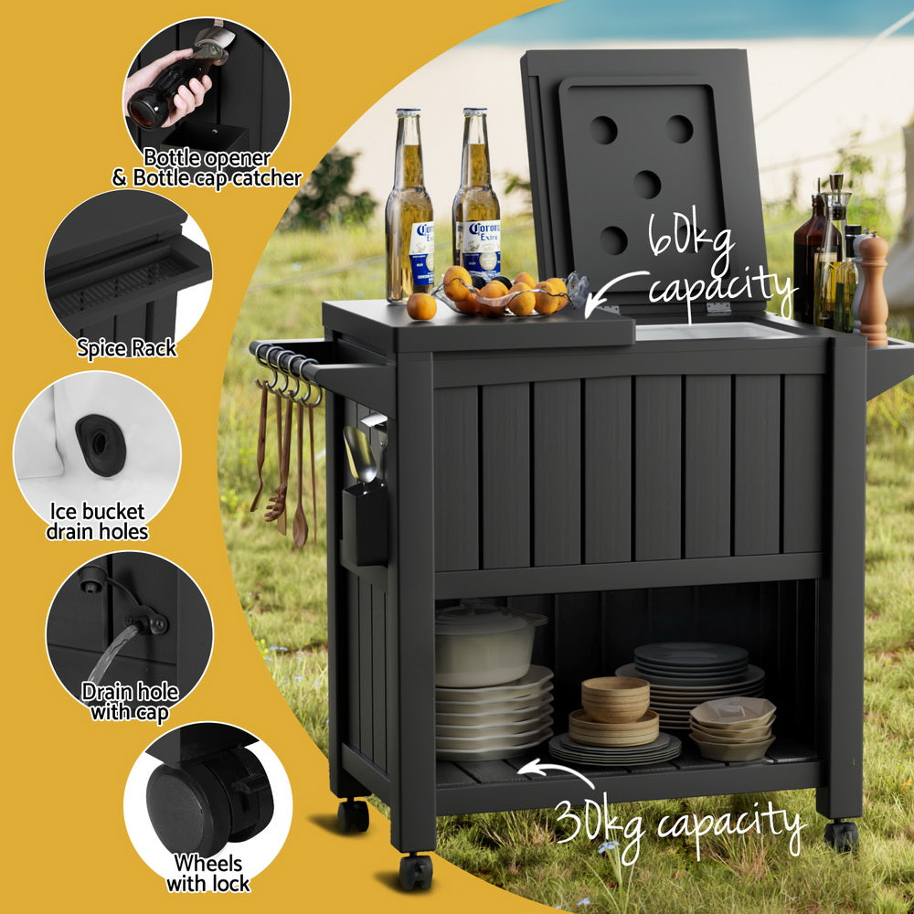 Gardeon 80L Outdoor Storage Cabinet Ice Bucket Cooler Black Trolley