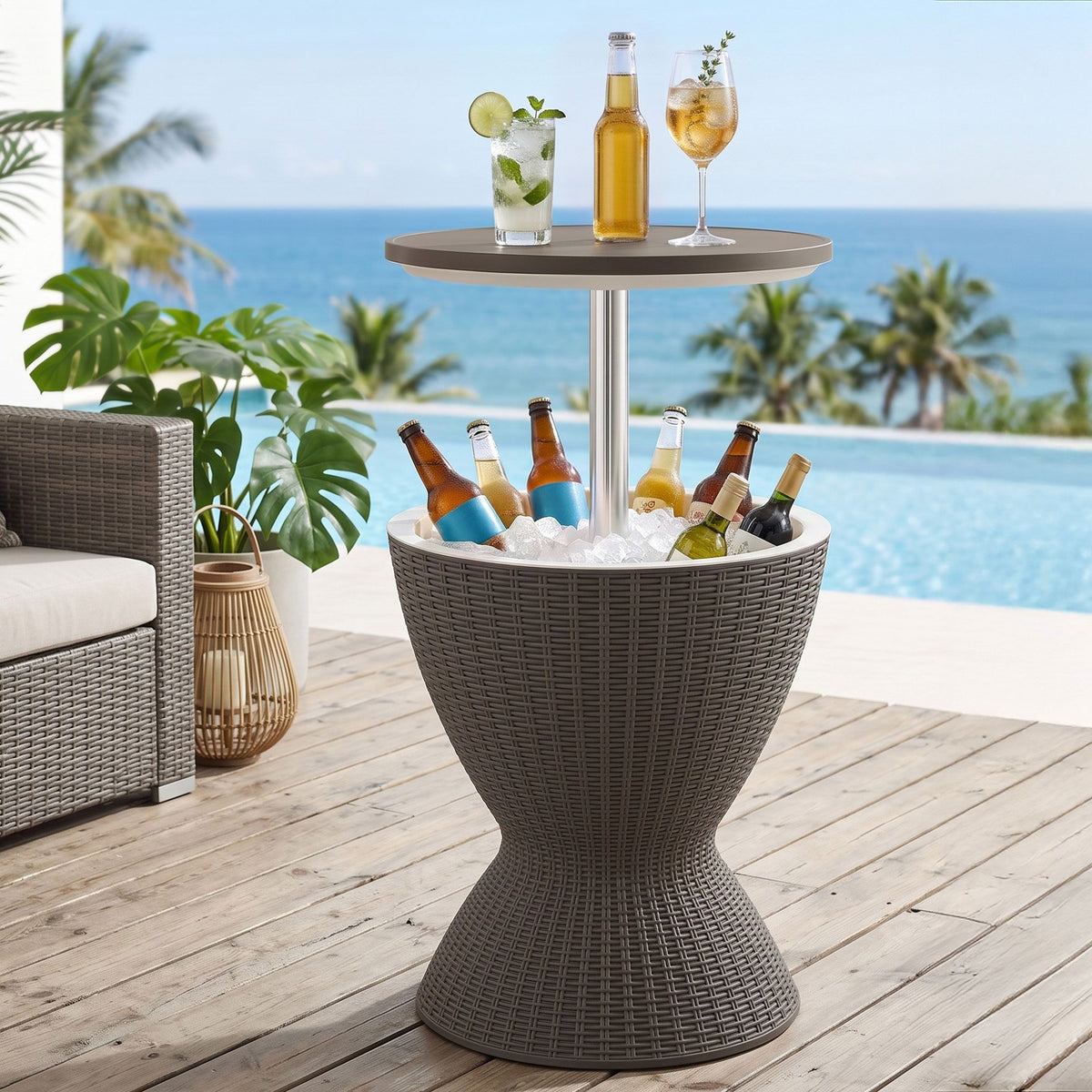 Gardeon Outdoor Bar Table Cooler Ice Bucket 30L Adjustable Top Brown