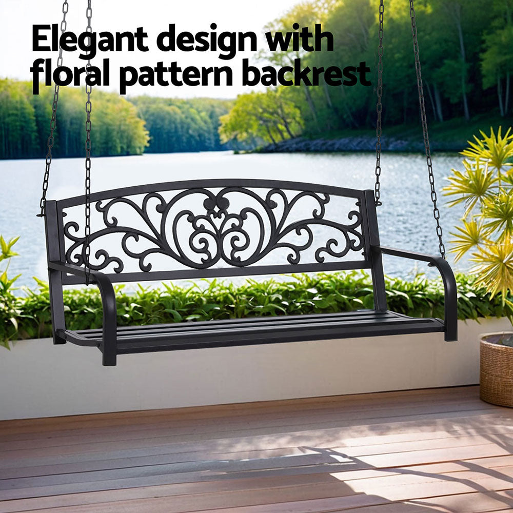 Gardeon 2-Seater Outdoor Porch Swing Chair Floral Backrest Black