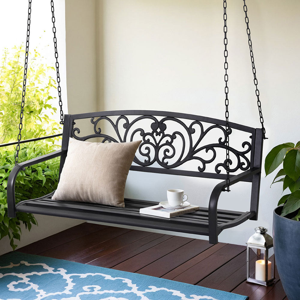 Gardeon 2-Seater Outdoor Porch Swing Chair Floral Backrest Black