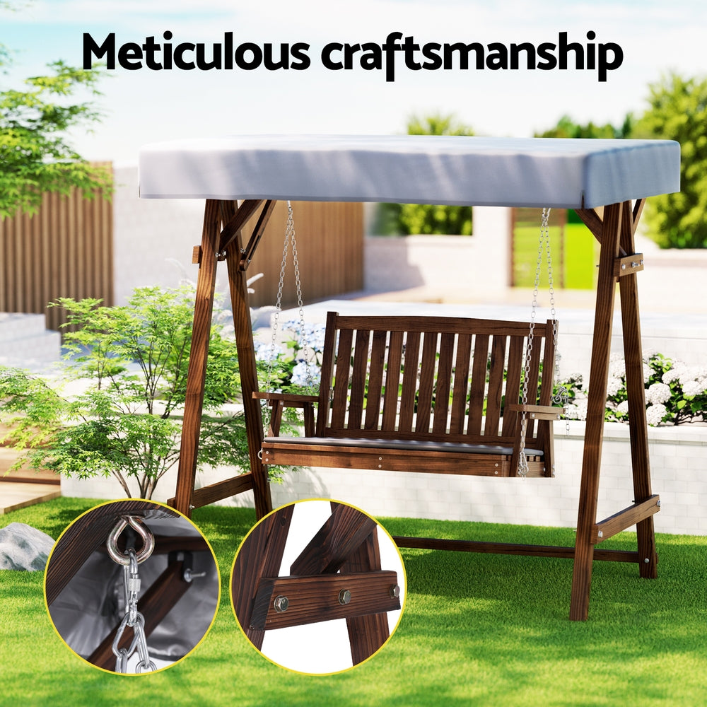 Gardeon 2-Seater Wooden Swing Chair Charcoal Canopy Cushion