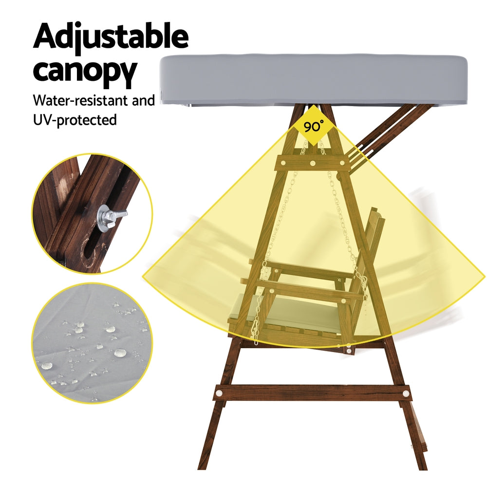 Gardeon 2-Seater Wooden Swing Chair Charcoal Canopy Cushion