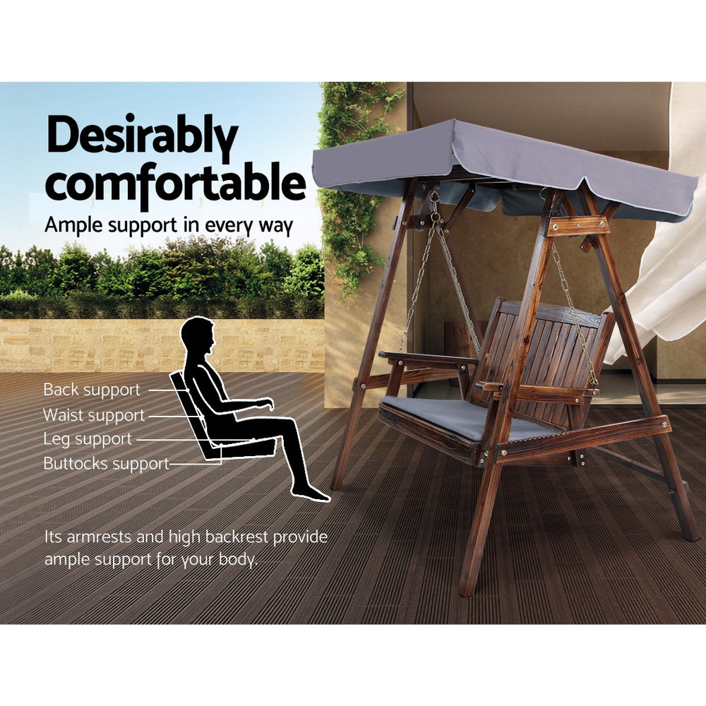 Gardeon 2-Seater Wooden Swing Chair Charcoal Canopy Cushion